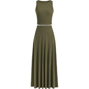 PRETTYGARDEN Women's 2 Piece Maxi Skirt Sets Casual Summer Knit Cropped Tank Top High Waisted Long Skirts Outfit