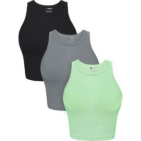 OLCHEE Womens 3 Pack Crop Tank Tops Basic Seamless Ribbed Round High Neck Racerback Workout Top Summer Causal Yoga Gym Shirts