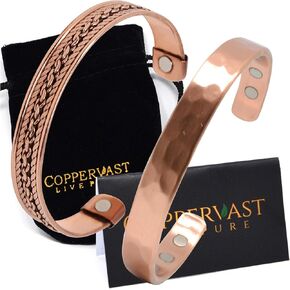 Copper Bracelets- for Men and Women| Set of 2 with Gift Box| Gift for Women & Men| Handmade 100% Copper (Hammered and Chain Inlay)