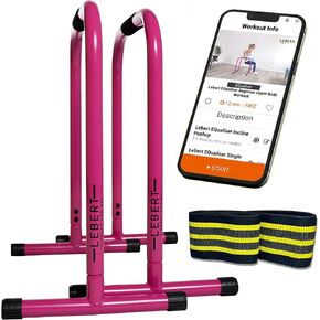 Lebert Fitness EQualizers Original Dip Bars | Total Body Pull Up Bar | Exercise Equipment Dip Station | Resistance Band | Workout Videos | Pink