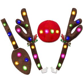 Car Reindeer Antlers & Nose Decorations, Christmas Antlers Car Kit Jingle Bell Nose and Tail for Truck, Decorate Any Vehicle, Xmas Gift Set
