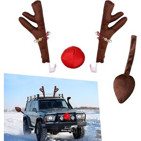 Pack-4 Car Elk Antlers Decoration, Roof Grille Nose Tail Holiday Cute Creativity Decoration Kit, Christmas Body Accessories with Bells and Ribbons, Universal for Most Cars (Brown & Red)
