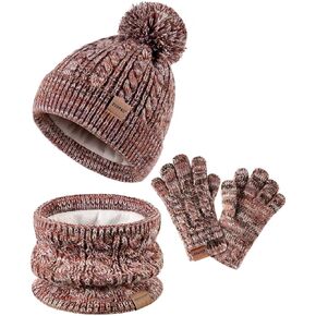 Kids Winter Hat Gloves Scarf Set,Girls Toddler Children Hats Beanie with Pom Knit Neck Warmer Gaiter Mittens Fleece Lined Set