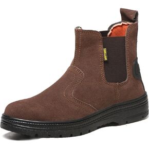 Steel Toe Work Boots for Men Slip Resistant Slip-on Safety Working Shoes Fire Station Mechanic Chelsea Work Boots for Men,Industrial Construction Boots/Shoes Brown
