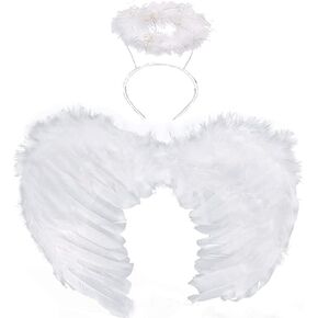 HANDIC Angel Costume Wings and Halo Adult Angel Costume Wings for Kids Girls Woman Halloween (White)