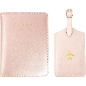 Passport Holder and Luggage Tag Sets, His Her Passport Holder for Travel Waterproof Passport Cover Leather Passport Wallet Suitcase Tags for Couples Engagement Wedding Anniversary Bridal Gifts, Pink