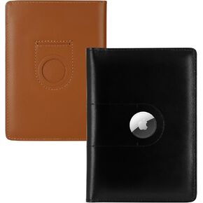 2 Pack Full Grain Leather AirTag Passport Holder Wallet Cover for Women and Men Travel, Passport Holder with AirTag Slot Passport Wallet, Travel Essentials Genuine Leather Passport Cover