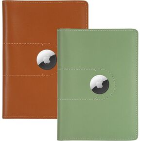 2 Pack Full Grain Leather AirTag Passport Holder Wallet Cover for Women and Men Travel, Passport Holder with AirTag Slot Passport Wallet, Travel Essentials Genuine Leather Passport Cover