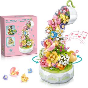 HOGOKIDS Flowers Music Box Building Set with Light- Flower Bouquet Botanical Music Box Building Blocks Kits | DIY Flower Plant Decor Gift for Adults Kids Girls Ages 6+ (575 PCS)