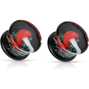 Pierced Owl - Pyrex Glass Red and White Mushroom with Black Glow in the Dark Sparkle Background Double Flared Plug Gauges, Sold as a Pair