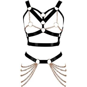 Women's Full Cage Body Chain Lingerie Harness Sling Waist Belt Chest Sling Punk Gothic Adjustable Size Stretch Fabric Halloween Rave (Black)