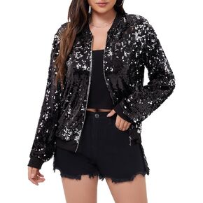 WULFUL Women's Sequin Jackets Sparkly Glitter Long Sleeve Front Zip Bomber Blazers Party Costume