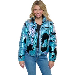 Disney Womens Puffer Jacket Mickey Mouse Iridescent Lightweight Quilted Coat