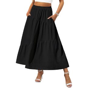Zeagoo Women's Maxi Skirts Boho High Waist Pleated A-Line Flowy Swing Asymmetric Tiered Long Beach Skirt with Pockets