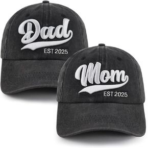 2PCS Mom and Dad EST 2025 Hat, 3D Embroidered Adjustable Cotton New Parents Gifts Baseball Cap