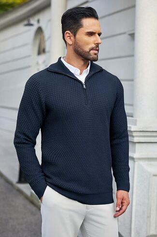 COOFANDY رجل ربع البريدي البلوز سترة سليم صالح الهراء وهمية الياقة المدورة سترة بولو عادية كم طويل البلوز in Kuwait