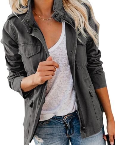 Soulomelody Womens Military Anorak Jacket Zip Up Snap Button Parka Safari Utility Coat Outwear with Pockets in Saudi Arabia