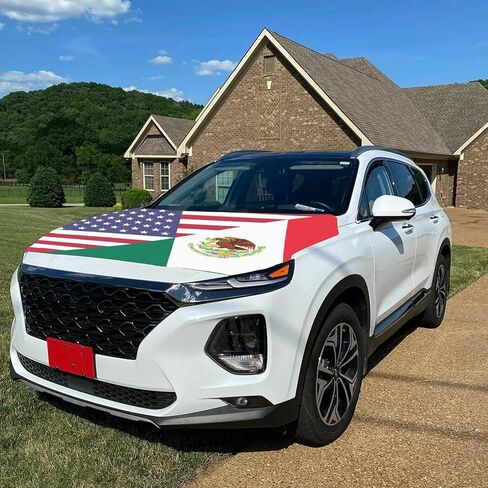 American Mexico Friendship Hood Flag - 59x51 IN Car Hood Cover American Mexican Banner for Car Decor, Patriotic Car American Flag with 2 Pack Adjustable Triangular Fasteners in Kuwait