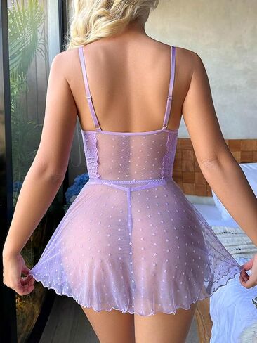 Women's 2 Piece Lace Babydoll Lingerie Set Dots Sheer Mesh Split Nightdress with Thongs Soft Sleepwear in Saudi Arabia