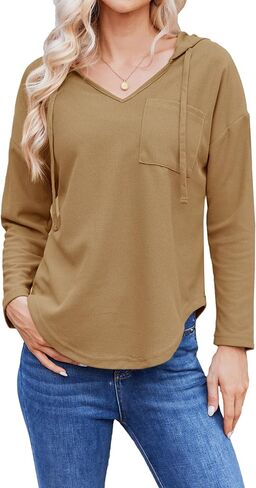 Womens Hoodies Long Sleeve Sweatshirts Pullover Top V Neck Drawstring Shirts With Pocket Loose Casual in Saudi Arabia