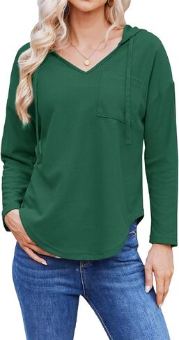 Womens Hoodies Long Sleeve Sweatshirts Pullover Top V Neck Drawstring Shirts With Pocket Loose Casual in Saudi Arabia
