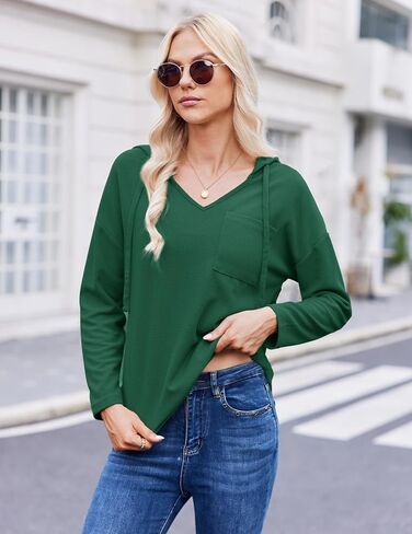 Womens Hoodies Long Sleeve Sweatshirts Pullover Top V Neck Drawstring Shirts With Pocket Loose Casual in Saudi Arabia