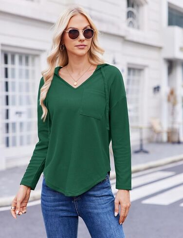 Womens Hoodies Long Sleeve Sweatshirts Pullover Top V Neck Drawstring Shirts With Pocket Loose Casual in Saudi Arabia