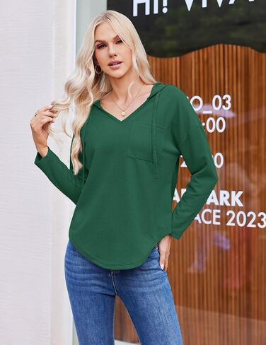 Womens Hoodies Long Sleeve Sweatshirts Pullover Top V Neck Drawstring Shirts With Pocket Loose Casual in Saudi Arabia