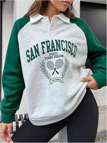 MakeMeChic Women's 2024 Graphic Sweatshirts Color Block Long Sleeve Collared Pullover Tops in Saudi Arabia