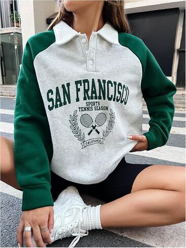 MakeMeChic Women's 2024 Graphic Sweatshirts Color Block Long Sleeve Collared Pullover Tops in Saudi Arabia