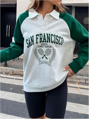 MakeMeChic Women's 2024 Graphic Sweatshirts Color Block Long Sleeve Collared Pullover Tops in Saudi Arabia
