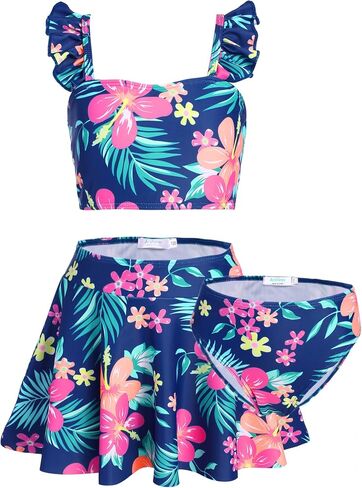 Arshiner الفتيات المايوه 3 قطع الكشكشة لباس السباحة الصيف الأزهار الطباعة الشاطئ تصفح Tankini ملابس السباحة مجموعة in Kuwait