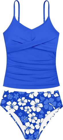 Girls Swimsuit 2 Piece Bathing Suit Criss Cross Ruched Girls Tankini Sets Printed Girls' Swimwear for 9-16 Years in Saudi Arabia