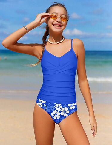 Girls Swimsuit 2 Piece Bathing Suit Criss Cross Ruched Girls Tankini Sets Printed Girls' Swimwear for 9-16 Years in Saudi Arabia