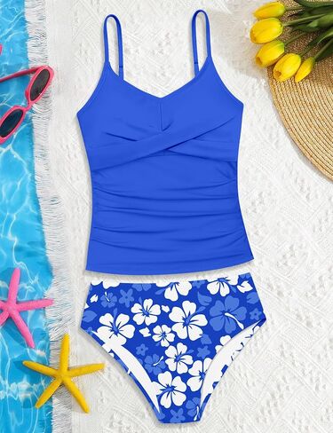 Girls Swimsuit 2 Piece Bathing Suit Criss Cross Ruched Girls Tankini Sets Printed Girls' Swimwear for 9-16 Years in Saudi Arabia