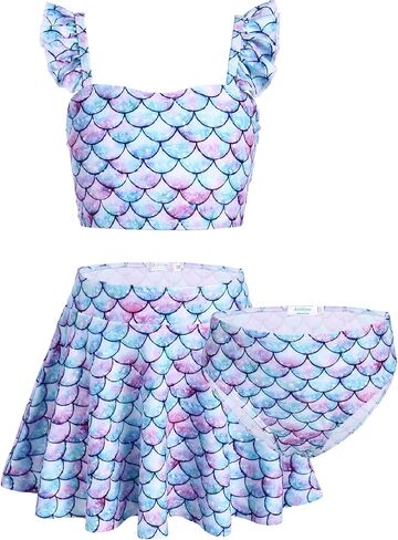 Arshiner Girls Swimsuits 3Pcs Ruffles Bathing Suits Summer Floral Printing Beach Surf Tankini Swimwear Set in Kuwait