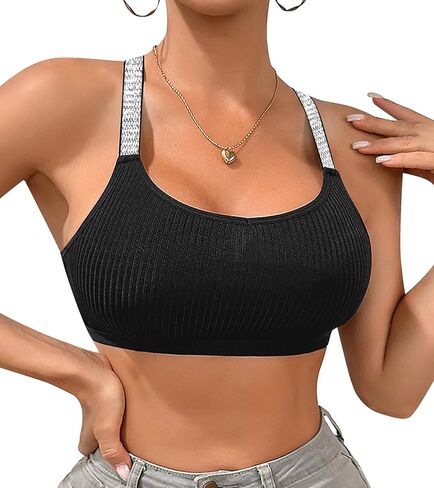 ASIMOON المرأة مغرفة الرقبة المحاصيل الأعلى Racerback العصرية مضلع محبوك المحاصيل الأعلى بلا أكمام قطع علوية بدون أكمام أسود Bralette in Kuwait