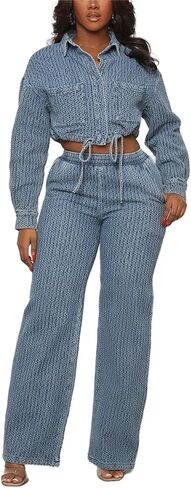 NIFTRIRY 2 Piece Outfits for Women Button Up Denim Jacket Wide Leg Pants Denim Set Fall Outfits for Women 2024 in Saudi Arabia