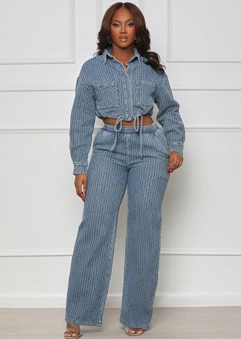 NIFTRIRY 2 Piece Outfits for Women Button Up Denim Jacket Wide Leg Pants Denim Set Fall Outfits for Women 2024 in Saudi Arabia