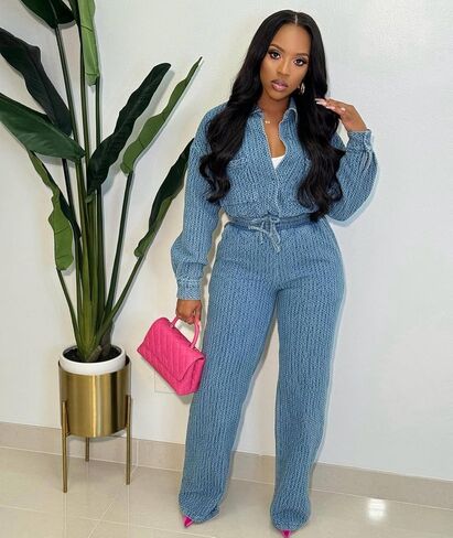 NIFTRIRY 2 Piece Outfits for Women Button Up Denim Jacket Wide Leg Pants Denim Set Fall Outfits for Women 2024 in Saudi Arabia