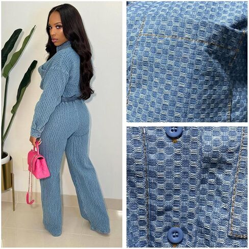 NIFTRIRY 2 Piece Outfits for Women Button Up Denim Jacket Wide Leg Pants Denim Set Fall Outfits for Women 2024 in Saudi Arabia