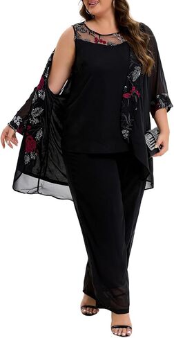 3 Piece Mother of The Bride Pant Suits Plus Size Chiffon Sets Embroidered Laces Wedding Guest Outfit with Jacket in Saudi Arabia