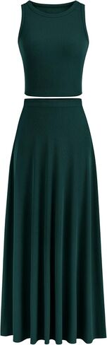 PRETTYGARDEN Women's 2 Piece Maxi Skirt Sets Casual Summer Knit Cropped Tank Top High Waisted Long Skirts Outfit in Saudi Arabia
