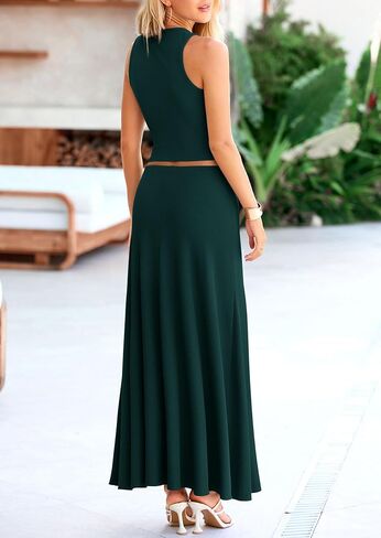 PRETTYGARDEN Women's 2 Piece Maxi Skirt Sets Casual Summer Knit Cropped Tank Top High Waisted Long Skirts Outfit in Saudi Arabia