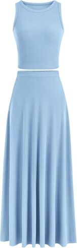 PRETTYGARDEN Women's 2 Piece Maxi Skirt Sets Casual Summer Knit Cropped Tank Top High Waisted Long Skirts Outfit in Saudi Arabia