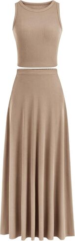 PRETTYGARDEN Women's 2 Piece Maxi Skirt Sets Casual Summer Knit Cropped Tank Top High Waisted Long Skirts Outfit in Saudi Arabia