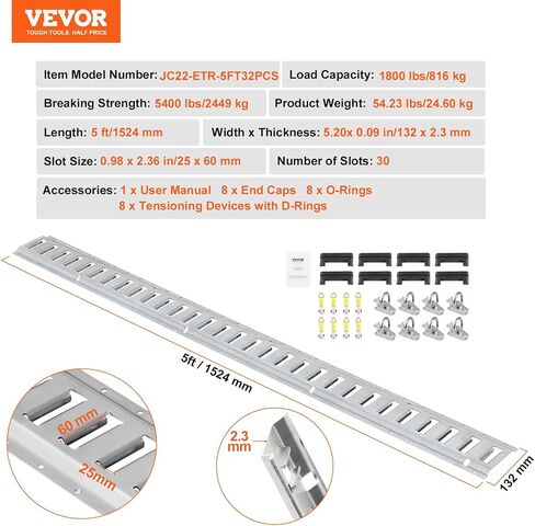 VEVOR E Track Tie-Down Rail Kit, 32PCS 5FT E-Tracks Set Includes 8 Steel Rails & 8 O Rings & 8 Tie-Offs with D-Ring & 8 End Caps, Securing Accessories for Cargo, Motorcycles, and Bikes in Saudi Arabia