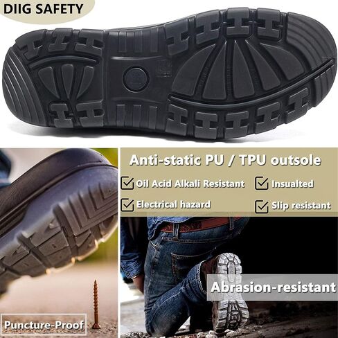 DIIG Work Boots for Men, Steel/Soft Toe Waterproof Working Boots, Slip Resistant Anti-Static Slip-on Safety Working Shoes in Kuwait