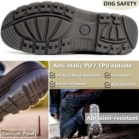 DIIG Work Boots for Men, Steel/Soft Toe Waterproof Working Boots, Slip Resistant Anti-Static Slip-on Safety Working Shoes in Kuwait