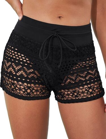 Women's Swim Shorts Waistband Swimsuit Bottom Board Shorts Lace Hollow Swimming in Kuwait
